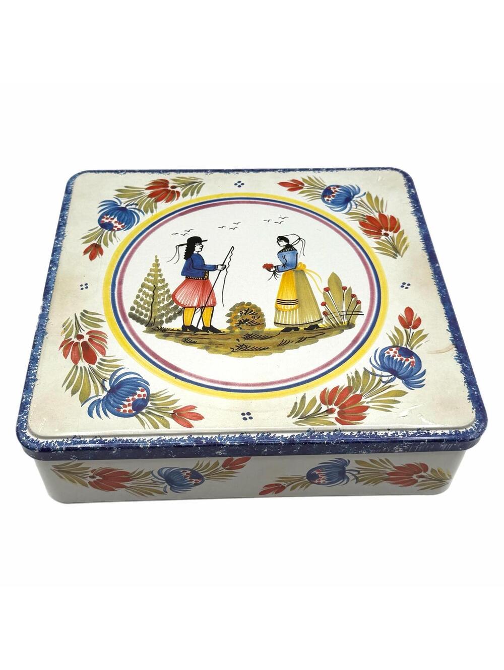 Vintage Massilly France Quimper-Style Square Decorative Tin Box – Empty